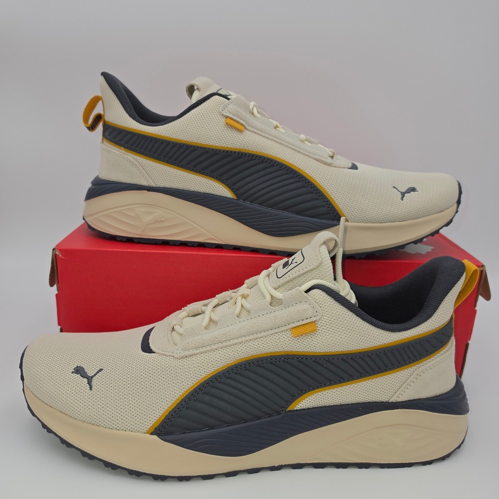 Puma Mens Pacer 23 Street Shoes Suede Beige Navy Yellow 403272-02 Size 12 NWB